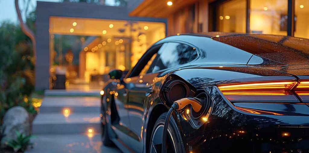 Un véhicule de luxe, probablement une sportive électrique, est stationné devant une maison moderne et élégante, baignée par une lumière chaleureuse en soirée. La carrosserie noire brillante de la voiture reflète subtilement l’environnement, capturant des nuances dorées et des ombres d’arbres environnants, accentuant son design aérodynamique sophistiqué. À l'arrière, les feux LED affichent un motif lumineux distinctif, soulignant l'attention portée aux détails esthétiques du véhicule. Le port de recharge est en action, un câble de charge étant connecté, indiquant que cette voiture électrique est à la pointe des nouvelles tendances écologiques et technologiques. La prise et son environnement immédiat sont éclairés par une lumière douce, mettant en valeur l’aspect pratique et moderne de la recharge à domicile. En arrière-plan, la maison contemporaine présente une architecture minimaliste, avec de grandes baies vitrées laissant entrevoir un intérieur lumineux et chaleureux. La lumière intérieure éclaire subtilement les formes géométriques de la maison et les éléments décoratifs modernes, offrant une ambiance accueillante et luxueuse. Une terrasse en pierre ou en béton est visible, ornée de quelques éléments naturels, comme des plantes soigneusement disposées, qui ajoutent une touche de verdure à l’environnement.